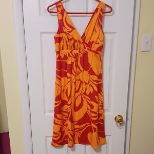 H&M Sz 6n Tropical Print Sleeveless Midi Dress In Coral & Apricot. New Condition